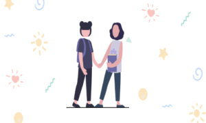 Two people holding hands with a playful background.