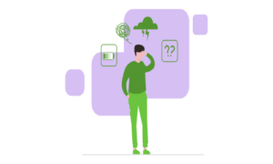 Person pondering, surrounded by digital icons and a cloudy thought bubble.