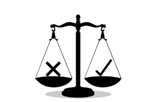 Balanced scales with a checkmark outweighing a cross.