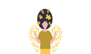 Person meditating with puzzle pieces in hair.