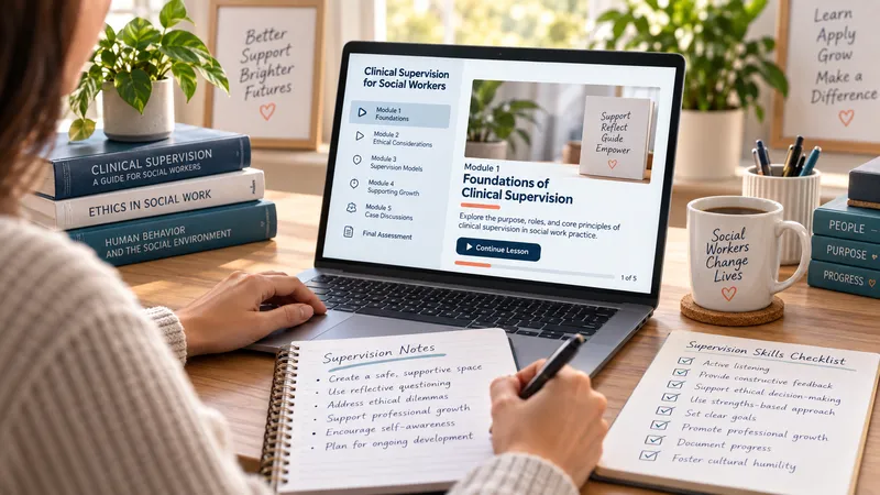 Social worker completing an online clinical supervision CEU course with supervision notes, checklist, and professional development materials