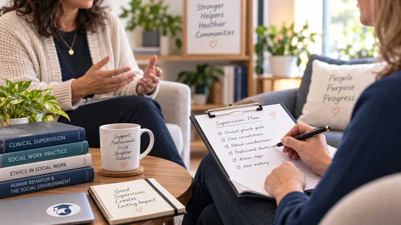 Social work supervisor discussing a supervision plan and professional growth goals with a supervisee in a counseling office