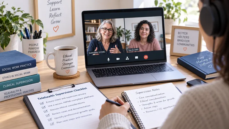 Social worker participating in telehealth supervision with ethical practice checklist, case notes, and remote supervision materials