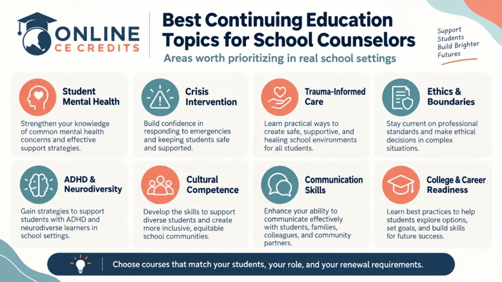 Best continuing education topics for school counselors infographic covering student mental health, crisis intervention, trauma-informed care, ethics, ADHD, and career readiness