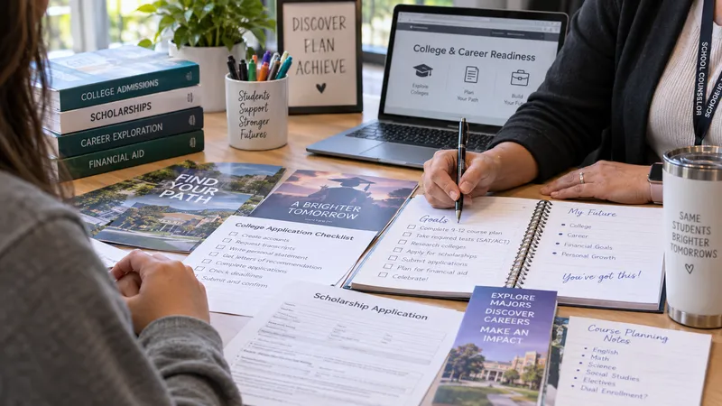School counselor completing online continuing education course with notes, counseling books, and student support planning materials