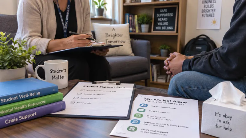 School counselor meeting with student and reviewing mental health support plan in a counseling office