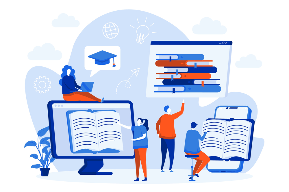 Online,Reading,Web,Concept,With,People,Characters.,Students,Reading,E-books