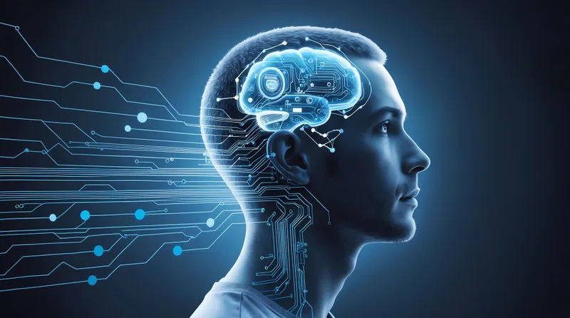 A futuristic illustration of a man's profile with a glowing, circuit-like brain, symbolizing the intersection of human cognition and advanced technology.