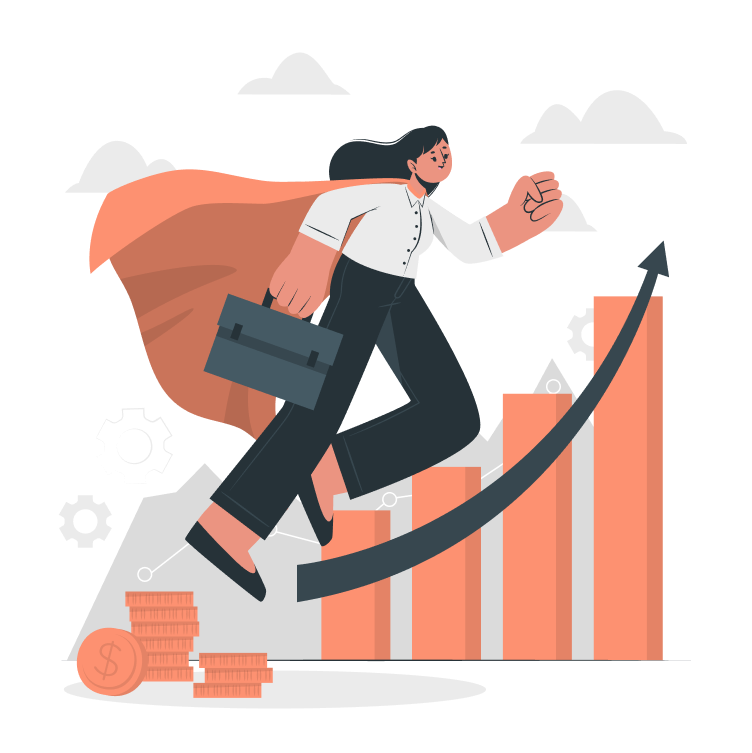Career-progress-cuate-1 Businesswoman in cape climbing upward graph of success.