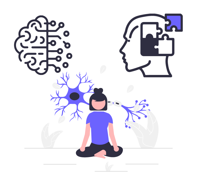 Person meditating with brain and neuron illustrations above.