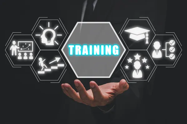 Training concept hand holding training icon virtual screen