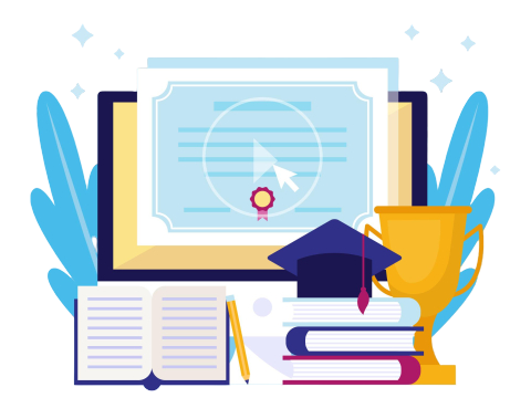 Flat design illustration representing online education, e-learning, and academic achievement.