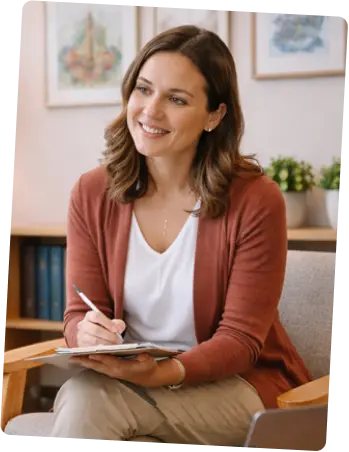 Smiling woman sitting and taking notes in a cozy room.