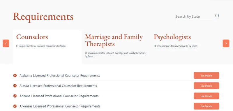 Screenshot of onlinececredits requirement page for ceus