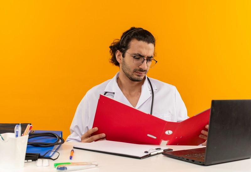 Thinking young male doctor with medical glasses wearing medical robe with stethoscope sitting desk