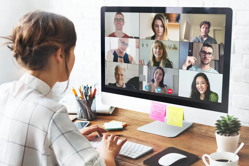 Woman video conference call her home office coronavirus pandemic