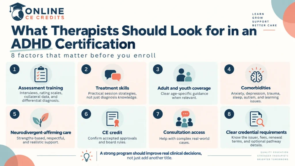 What therapists should look for in an ADHD certification infographic showing assessment training, treatment skills, CE credit, and credential requirements
