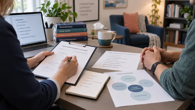 Therapist completing online ADHD continuing education course with clinical notes and ADHD training materials