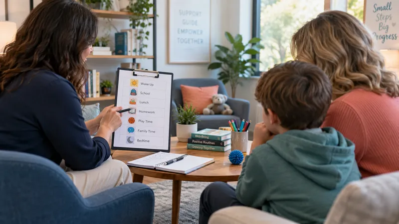 Therapist helping child and caregiver create a structured ADHD routine plan during family therapy session