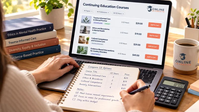 Professional comparing online CE course prices, credit hours, and license renewal requirements at a home office desk