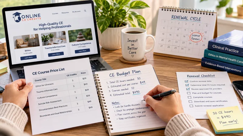 Continuing education budget planning workspace with CE price list, renewal checklist, and online course options