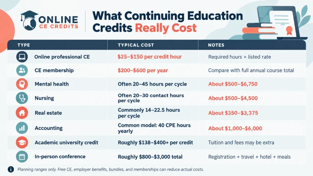 Continuing education credits cost infographic showing typical CE prices by profession, format, memberships, university credit, and conferences
