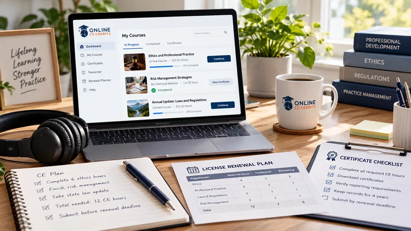 Online CE Credits course dashboard with license renewal plan, certificate checklist, and continuing education materials