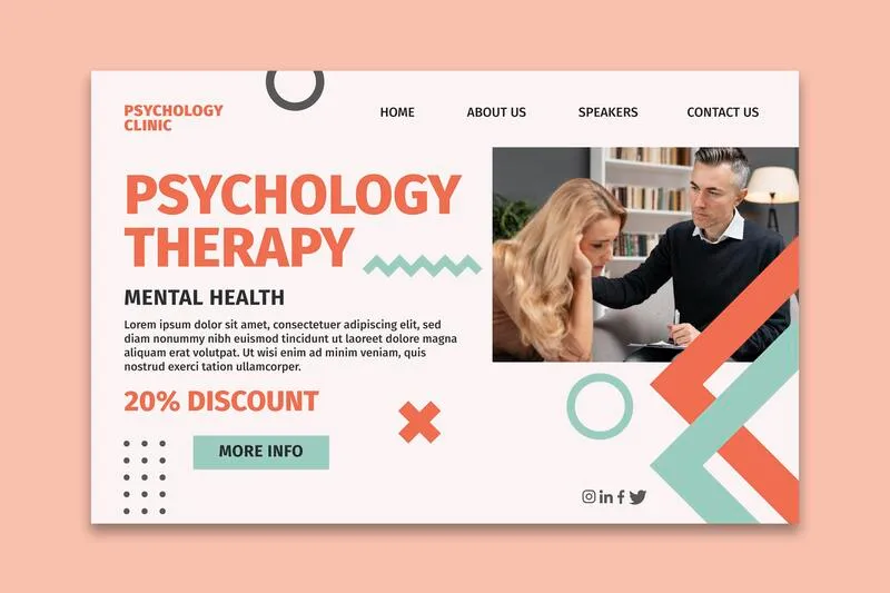 Psychology therapy promotional graphic showing mental health counseling and online therapy clinic design